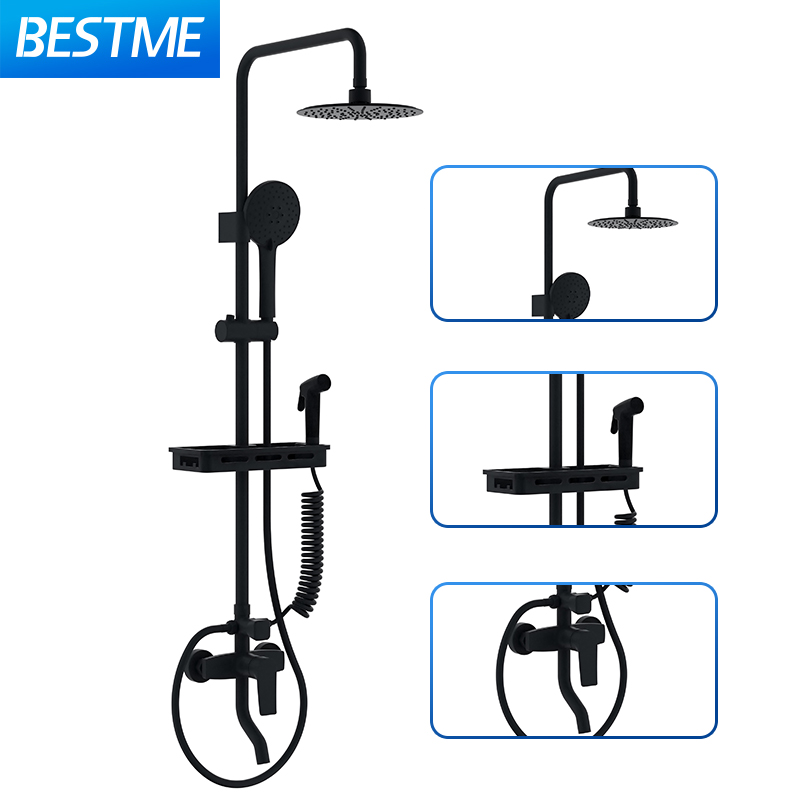 BESTME luxury four functions rainshower factory round brass chrome black bathroom shower wall mounted faucet set health faucet