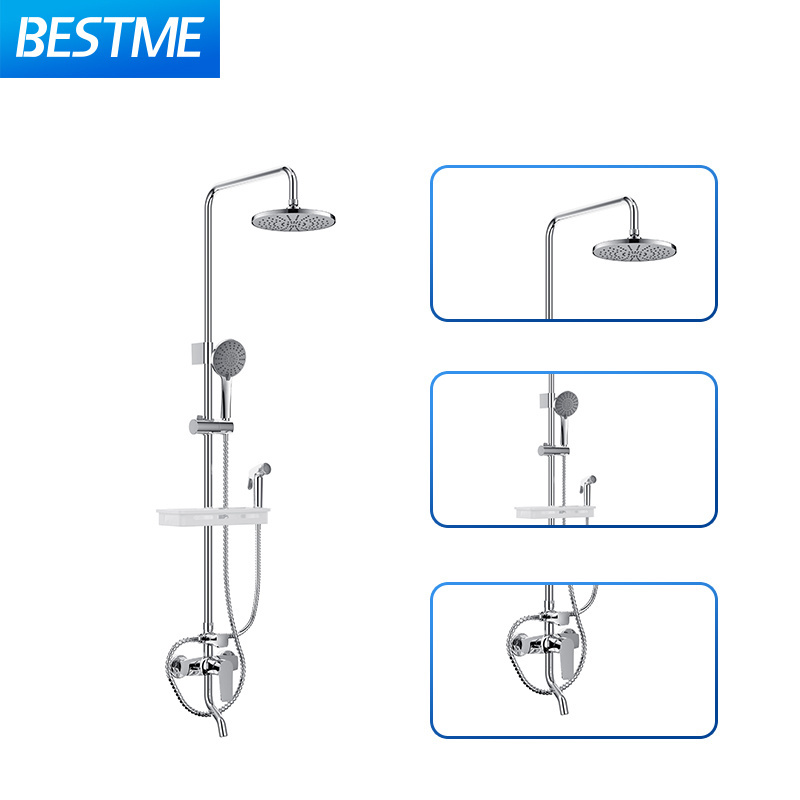 BESTME luxury four functions rainshower factory round brass chrome black bathroom shower wall mounted faucet set health faucet