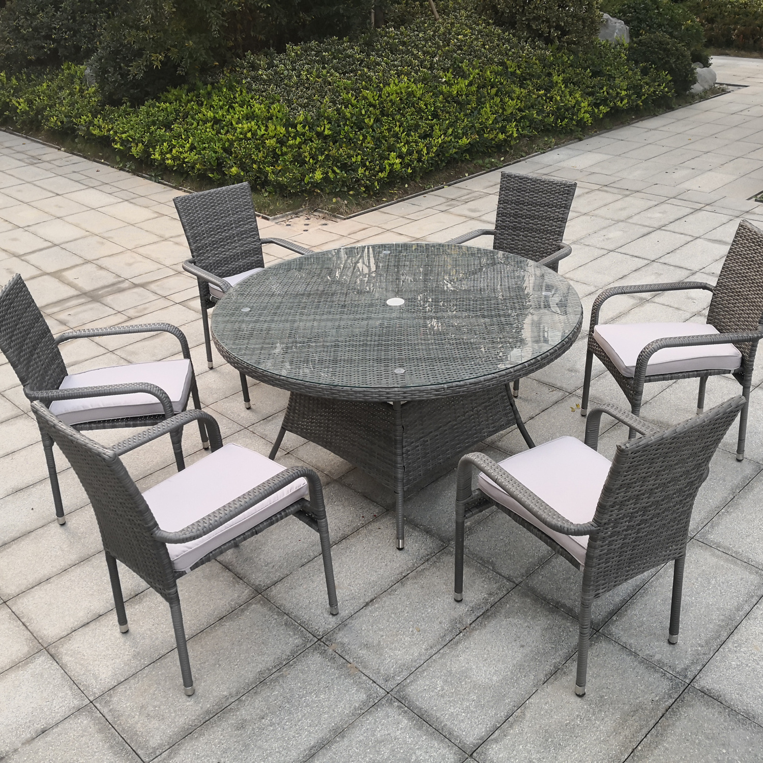 Home & Garden Set Outdoor Dining chairs all weather PE rattan 7pcs restaurant furniture with umbrella hole