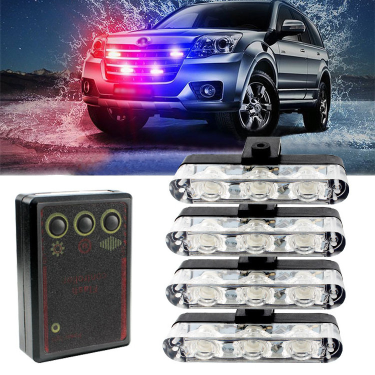 4*3blue white grill strobe lights  Car Motorcycle  Ambulance Flasher Flashlight 12V Emergency  Warning Lamp