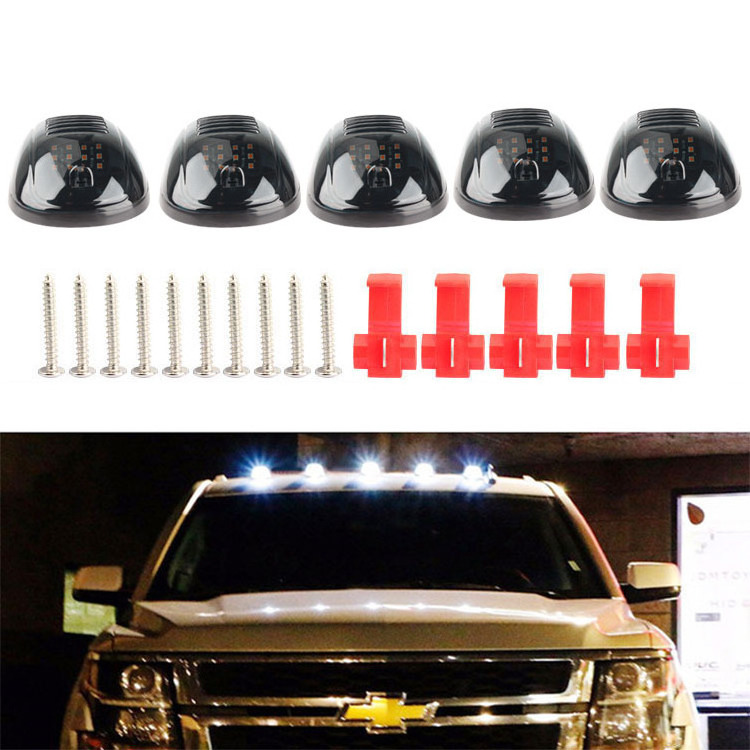 Black Smoked Lens 12 LEDs Cab Clearance Light 5 Pcs Roof Top Marker Running Lights Kit for Ford Dodge Trucks SUV POV Amber