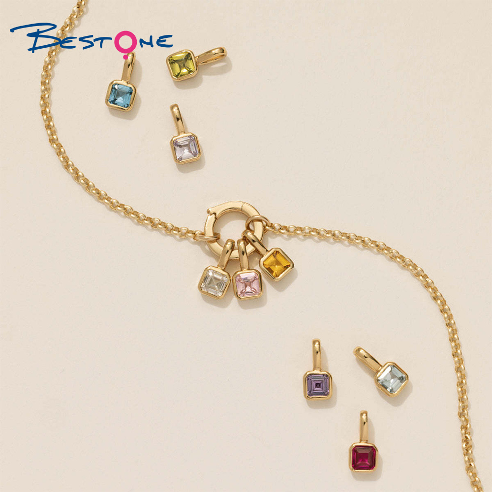 Bestone Stainless Steel Jewelry Colorful Pendant DIY Accessory Necklace Women's 12 Birthstone 4*4mm Square Zircon Pendant