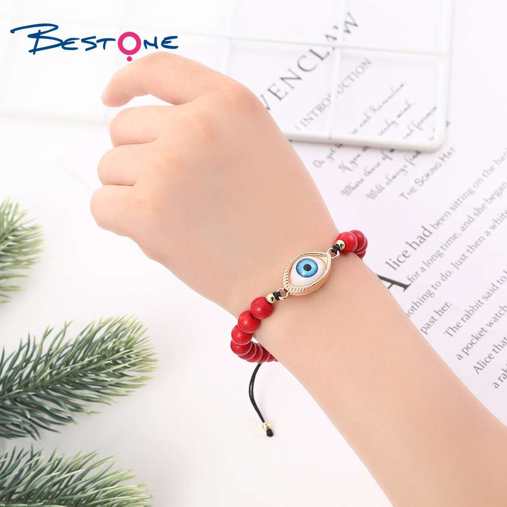 Bestone One Hot Selling 8mm Fashion Turquoise Stone Eye Bracelet Turquoise Howlite Weave Bracelets Blue Eye Stone Beads Bracelet