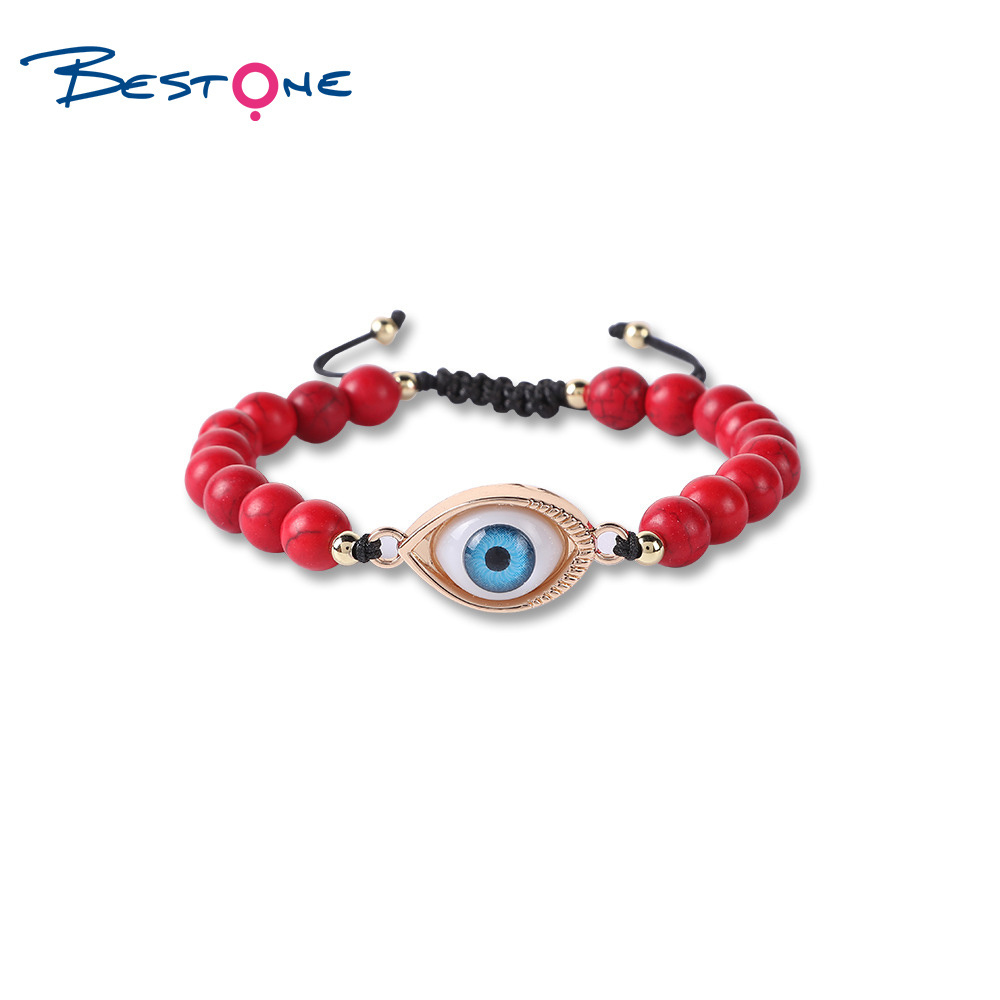 Bestone One Hot Selling 8mm Fashion Turquoise Stone Eye Bracelet Turquoise Howlite Weave Bracelets Blue Eye Stone Beads Bracelet