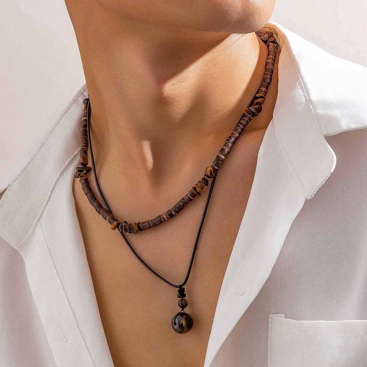 Fashionable Coconut Shell Turquoise Leather Wax Thread Necklace Set Sweater Chain Jewelry Men's Hip-hop Stacking Necklace