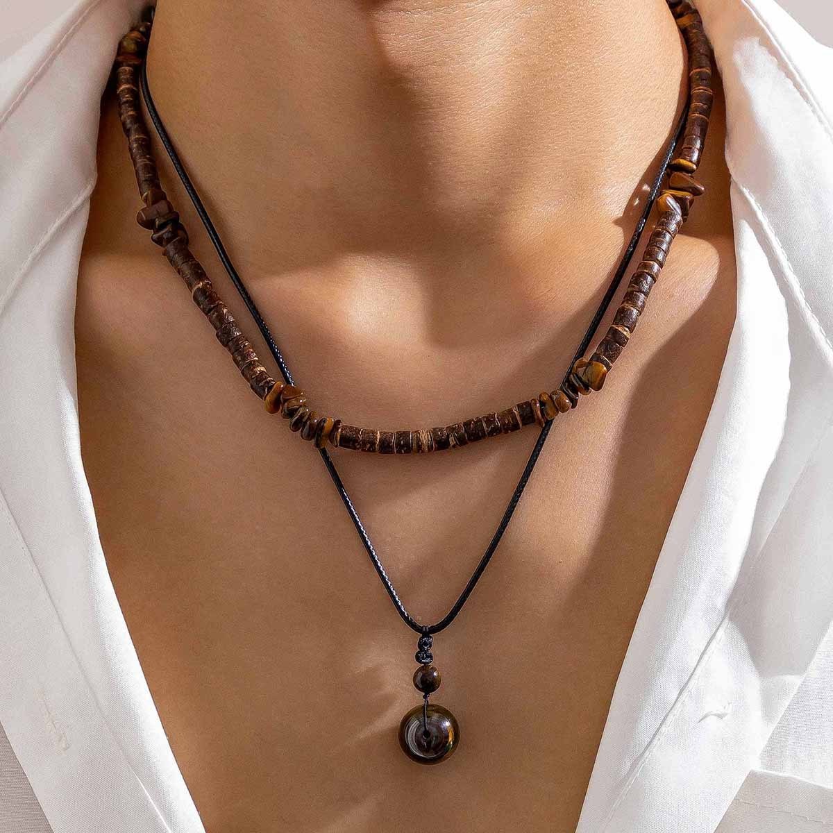 Fashionable Coconut Shell Turquoise Leather Wax Thread Necklace Set Sweater Chain Jewelry Men's Hip-hop Stacking Necklace