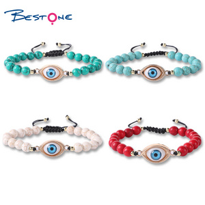 Bestone One Hot Selling 8mm Fashion Turquoise Stone Eye Bracelet Turquoise Howlite Weave Bracelets Blue Eye Stone Beads Bracelet