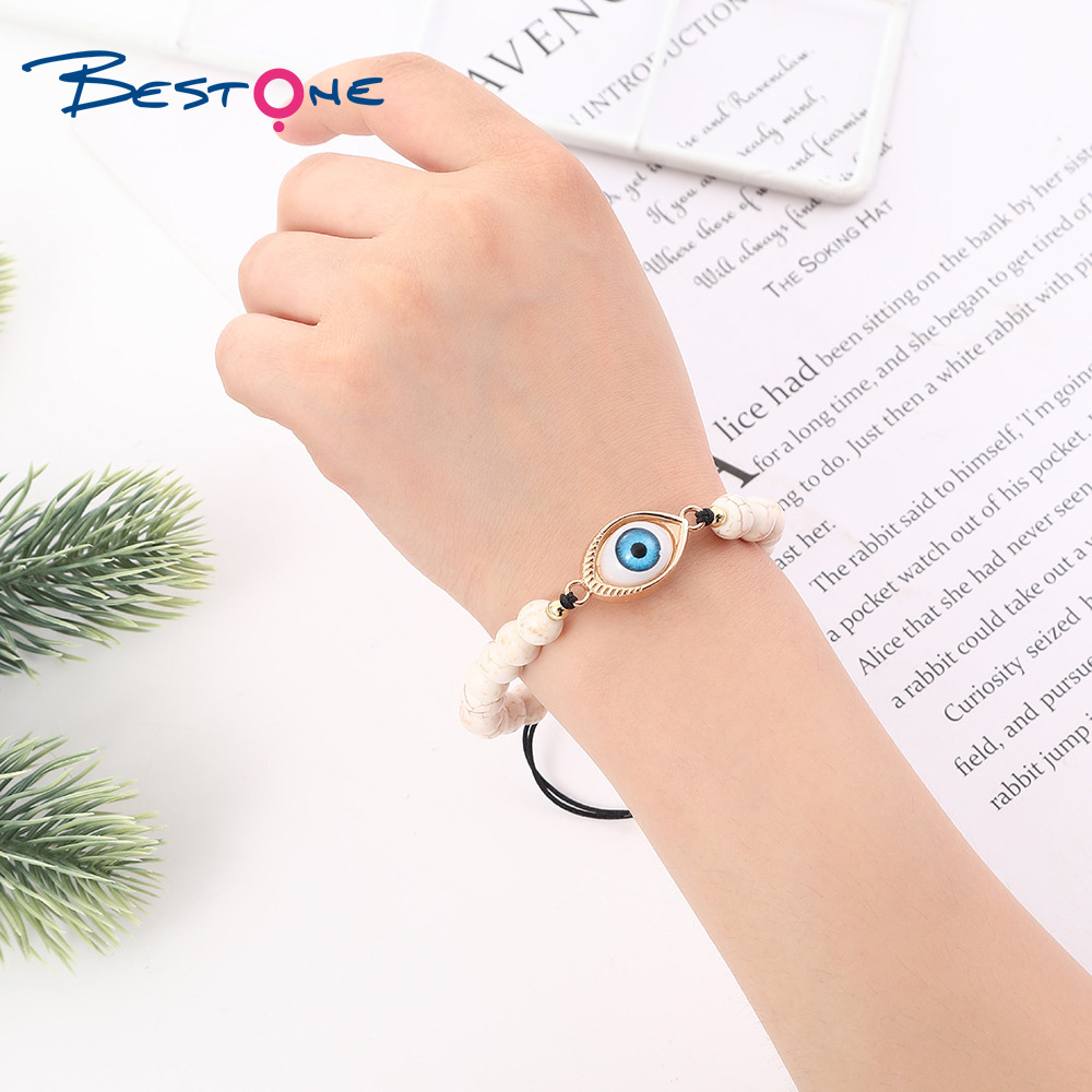 Bestone One Hot Selling 8mm Fashion Turquoise Stone Eye Bracelet Turquoise Howlite Weave Bracelets Blue Eye Stone Beads Bracelet