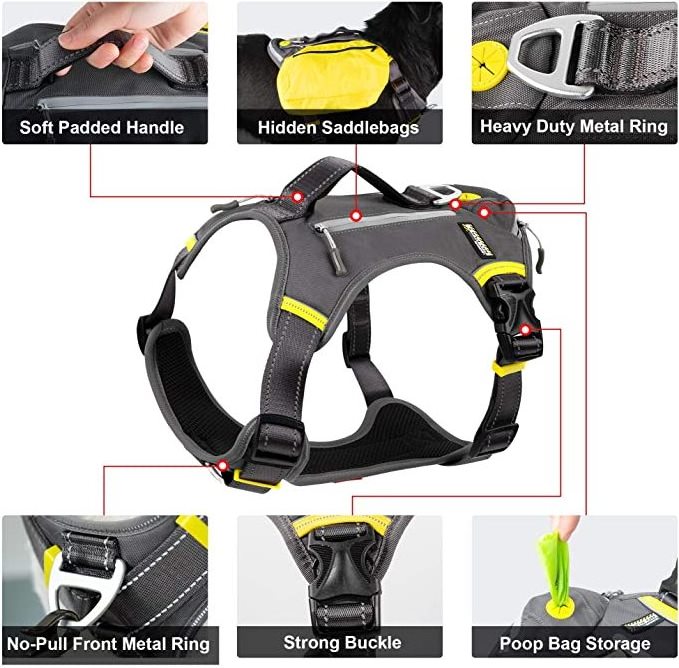 Multi-Functional Adjustable Soft Padded Dog Harness with Saddle Bags Backpack