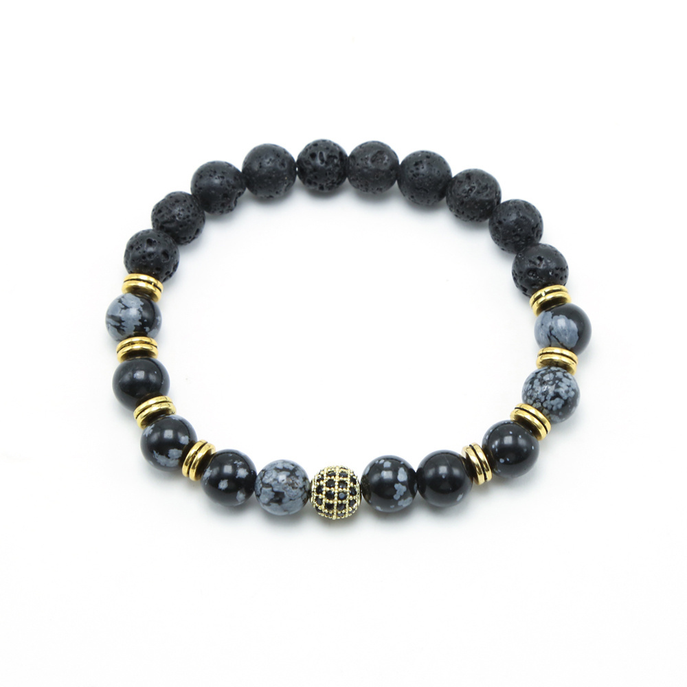 Bestone 8mm Natural Rhinestone Black Lava Round Stone Beads Bracelet for Men