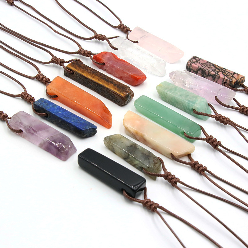 Bestone Wholesale Irregular Flat Long Woven Necklace Red Agate Amethyst Tiger Eye Natural Stone Pendent Necklace