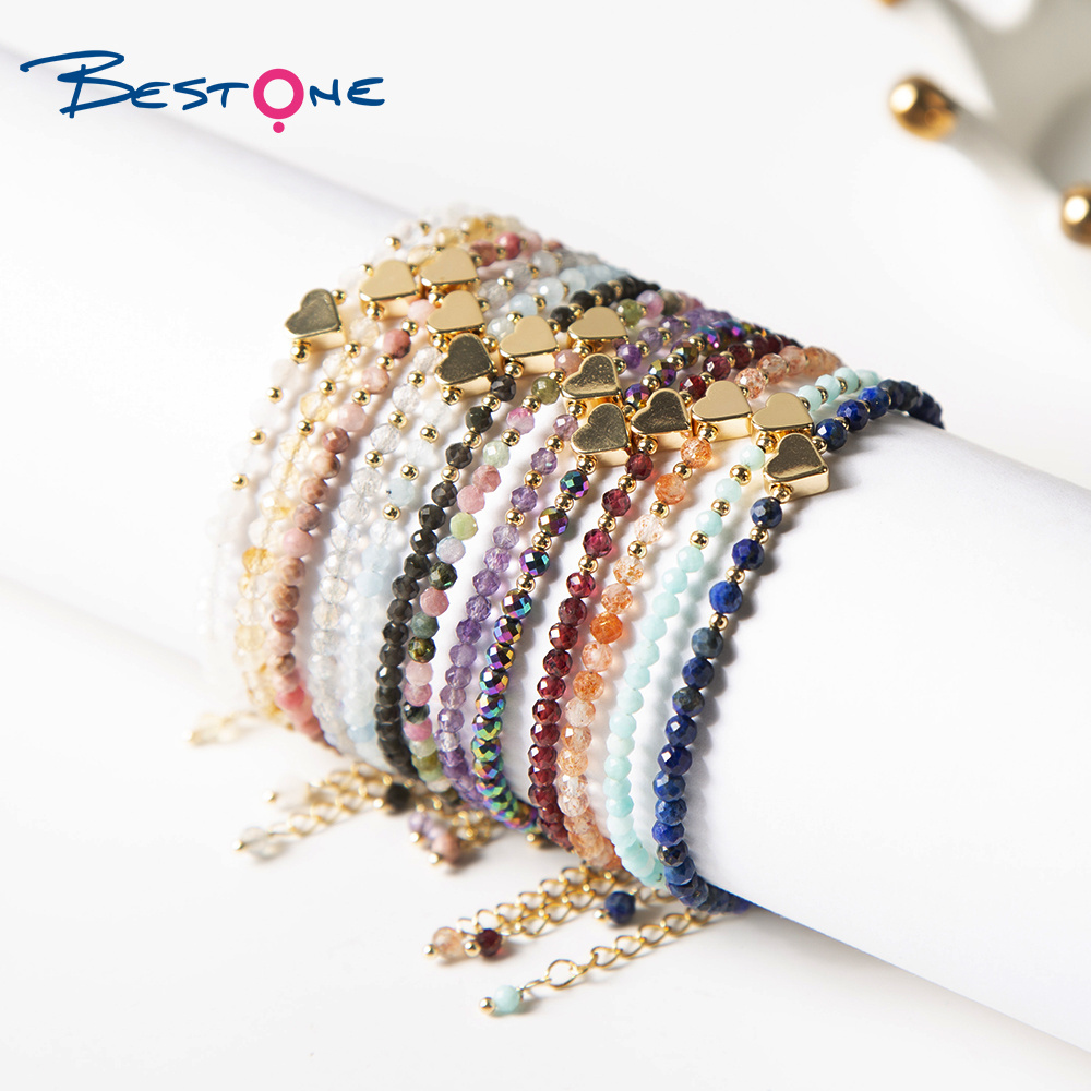 Bestone Small Natural Gemstone Beads Bracelet Gold Heart Charm Bracelet for Women Crystal Hematite Stone Beads Bracelet