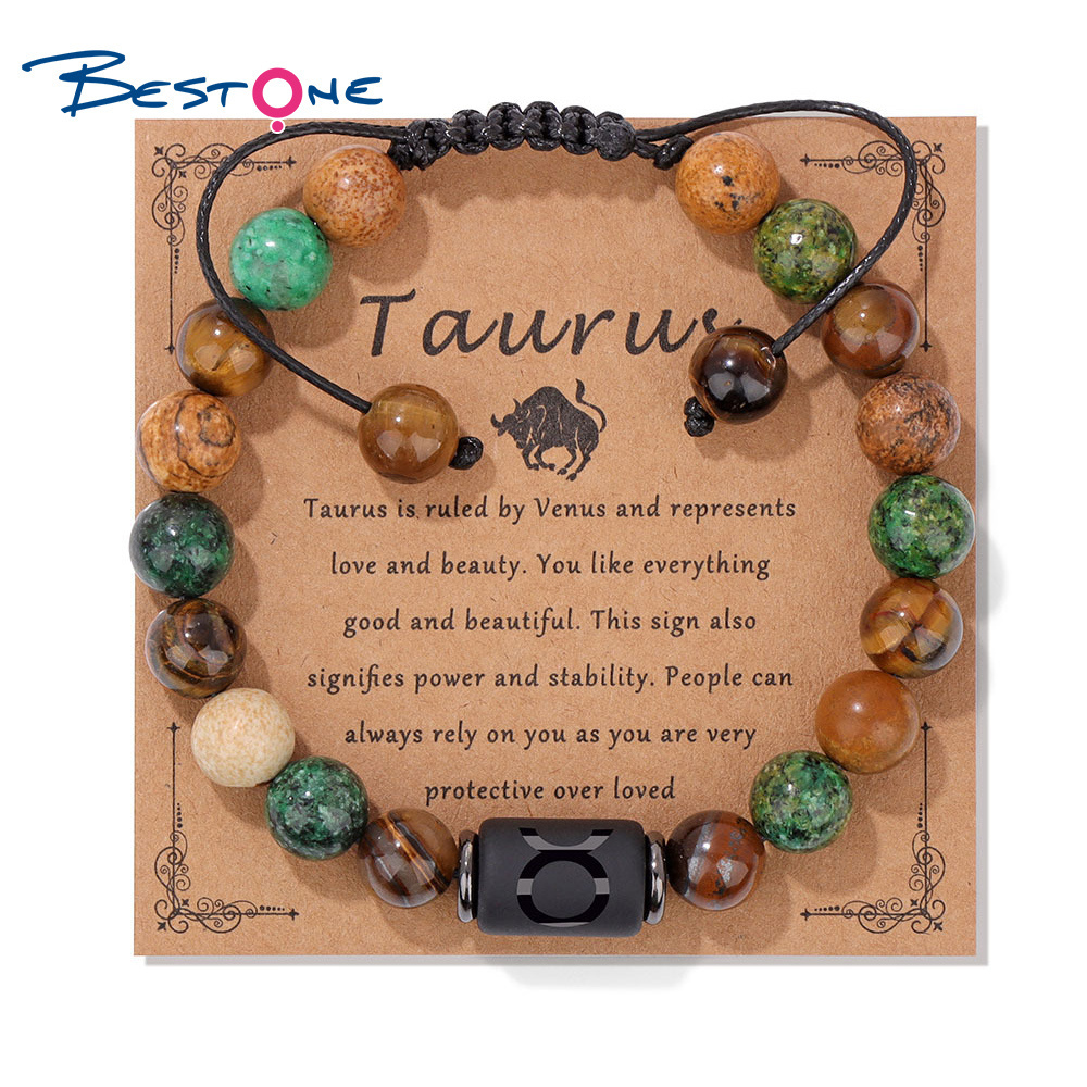 Bestone 8MM Tiger Eye Natural Stone Crystal Bracelet Healing Gemstone Picture Jasper 12 Zodiac Signs Bracelet for Women mens