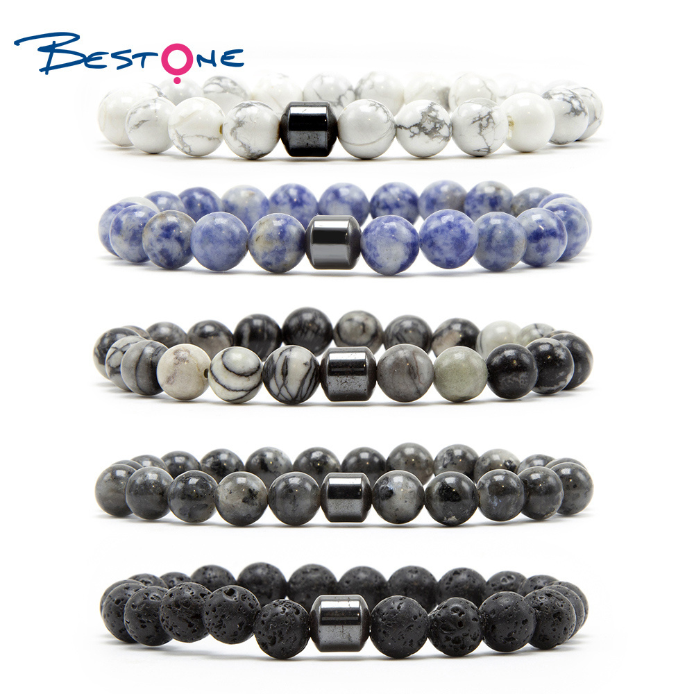 Wholesale Healing Stone Beads Bracelet Natural Gemstone Picasso Jasper and Magnetic Hematite Jade Bracelet