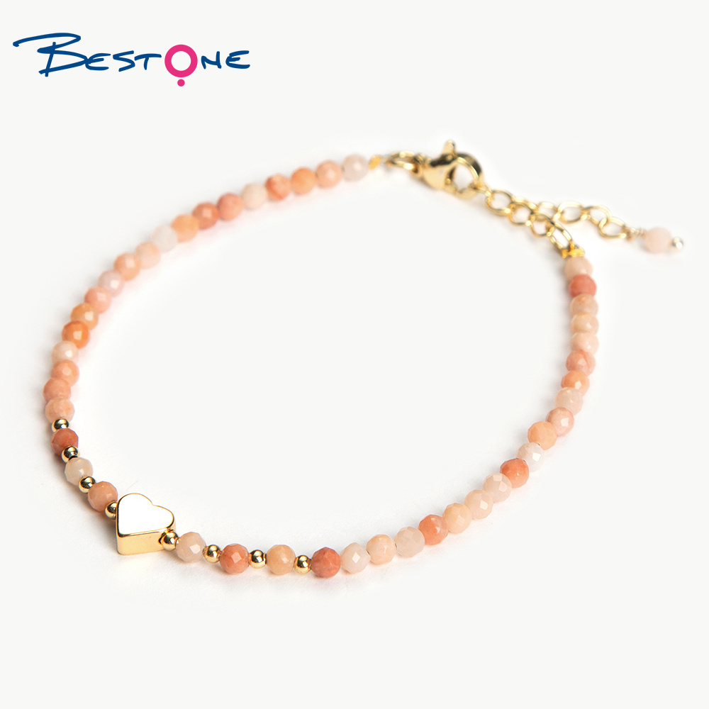 Bestone Small Natural Gemstone Beads Bracelet Gold Heart Charm Bracelet for Women Crystal Hematite Stone Beads Bracelet