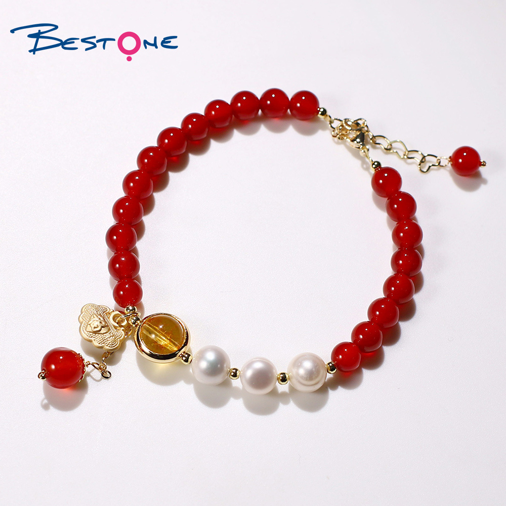 Bestone Natural Red Agate Fresh Water Pearl  Citrine Beads Bracelet with 14K Real  Gold Plated Lock Charm