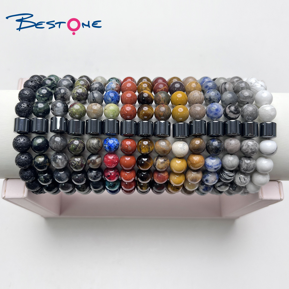 Wholesale Healing Stone Beads Bracelet Natural Gemstone Picasso Jasper and Magnetic Hematite Jade Bracelet