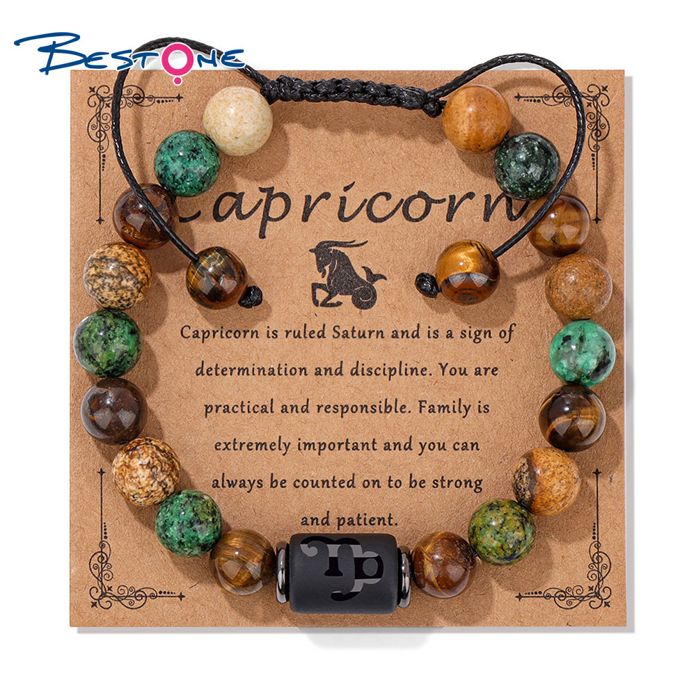 Bestone 8MM Tiger Eye Natural Stone Crystal Bracelet Healing Gemstone Picture Jasper 12 Zodiac Signs Bracelet for Women mens