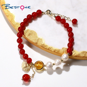 Bestone Natural Red Agate Fresh Water Pearl  Citrine Beads Bracelet with 14K Real  Gold Plated Lock Charm