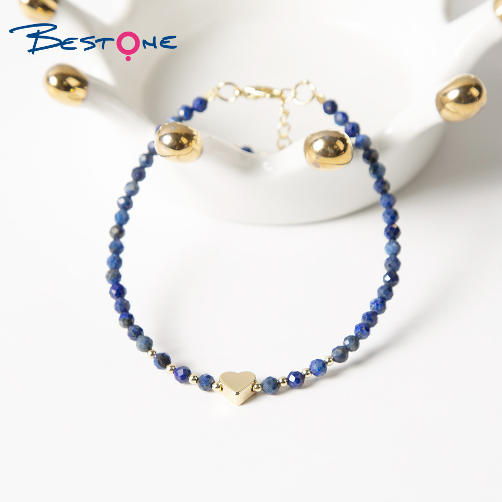 Bestone Small Natural Gemstone Beads Bracelet Gold Heart Charm Bracelet for Women Crystal Hematite Stone Beads Bracelet