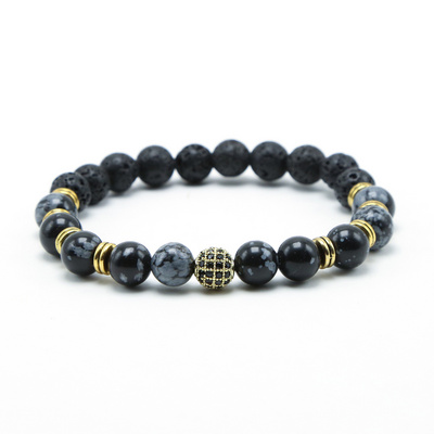 Bestone 8mm Natural Rhinestone Black Lava Round Stone Beads Bracelet for Men