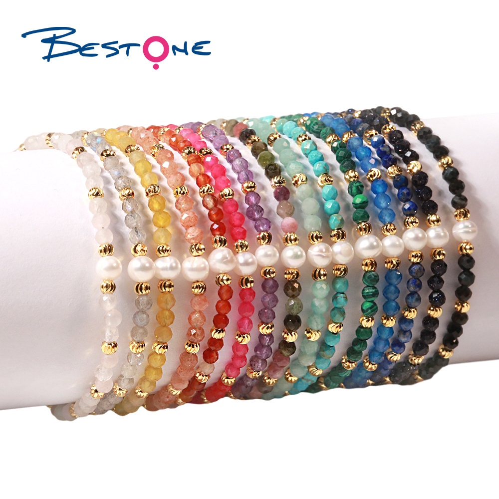 New Design Copper Plated Real Gold Beads 3.5mm Faceted Gemstone Jewelry Freshwater Pearl Adjustable Custom Bracelet for Women