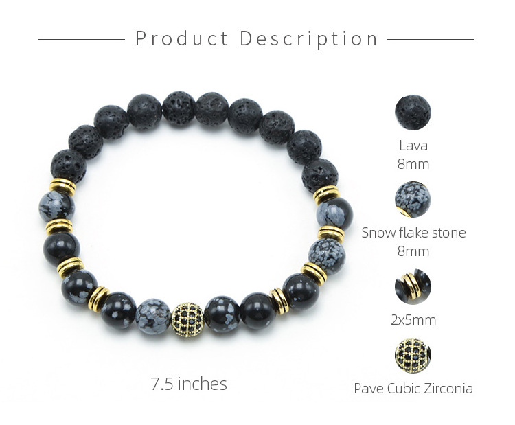 Bestone 8mm Natural Rhinestone Black Lava Round Stone Beads Bracelet for Men