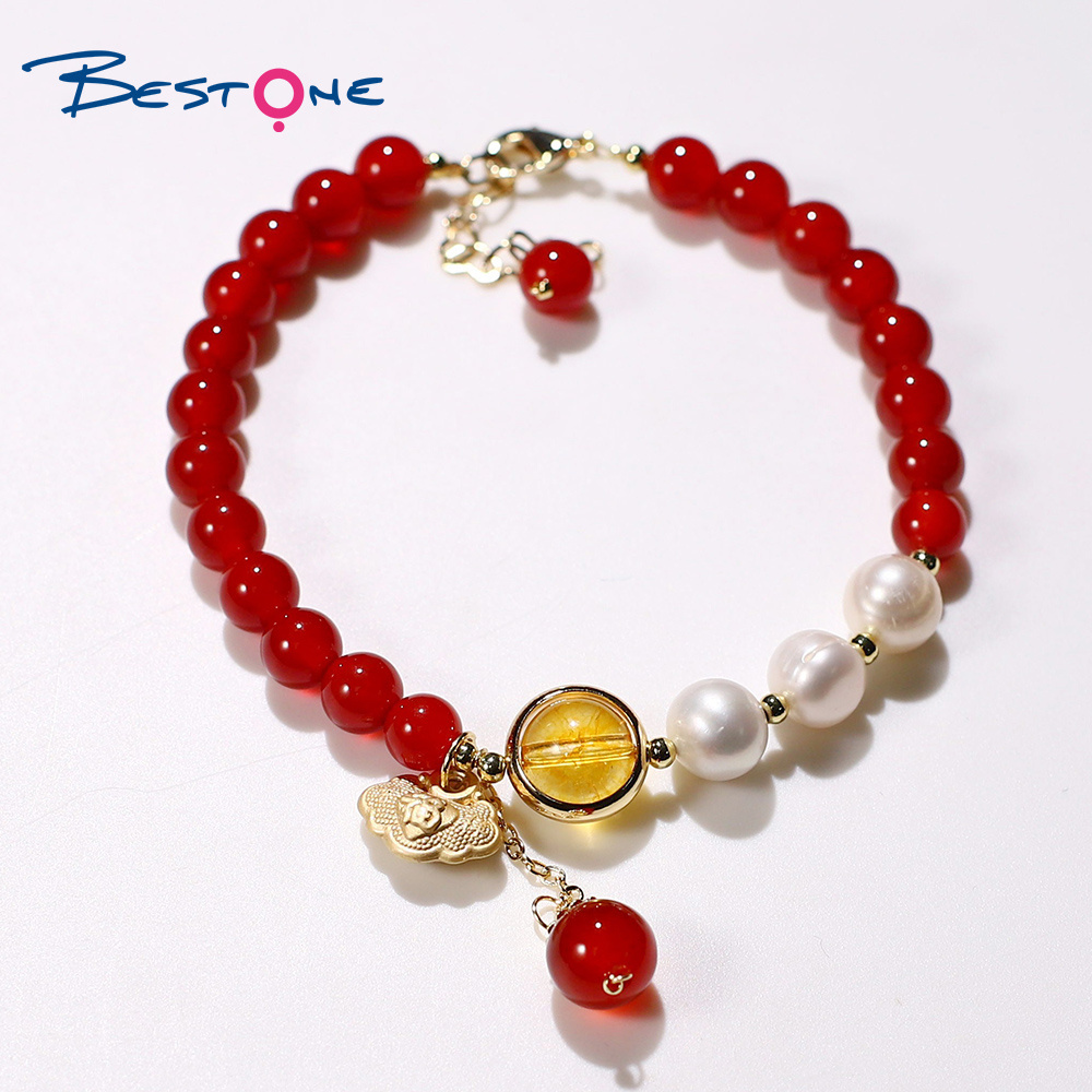 Bestone Natural Red Agate Fresh Water Pearl  Citrine Beads Bracelet with 14K Real  Gold Plated Lock Charm