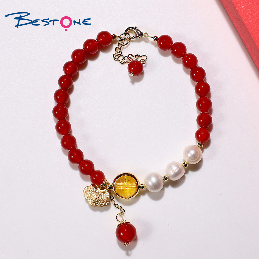 Bestone Natural Red Agate Fresh Water Pearl  Citrine Beads Bracelet with 14K Real  Gold Plated Lock Charm