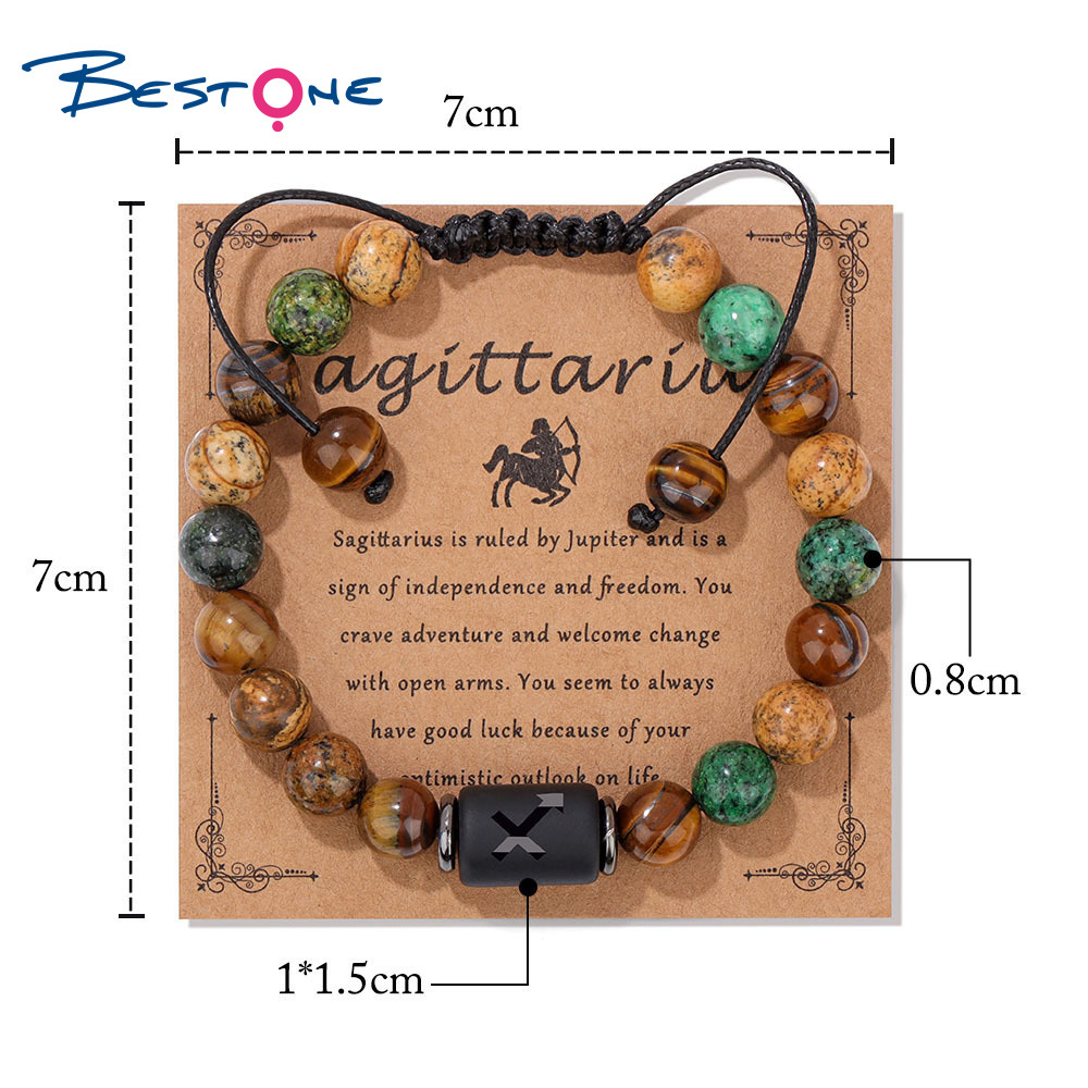 Bestone 8MM Tiger Eye Natural Stone Crystal Bracelet Healing Gemstone Picture Jasper 12 Zodiac Signs Bracelet for Women mens