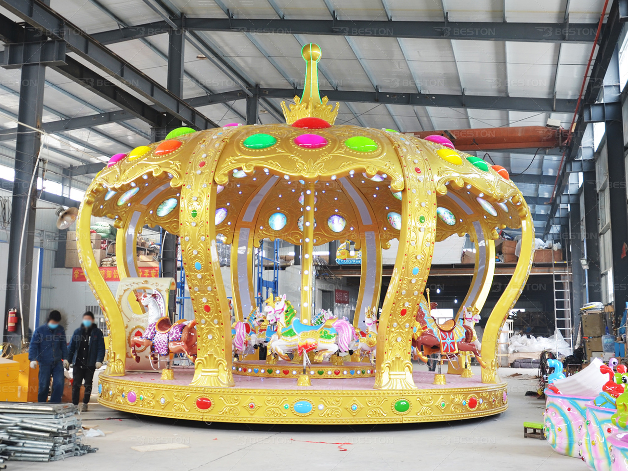 Children Fun Fair Playground Rides Horse Rides 16 Seats Crown Carousel For Sale