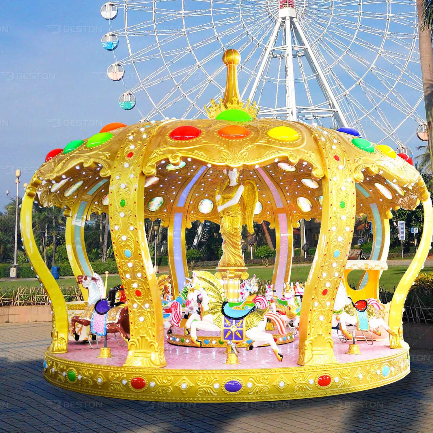 Children Fun Fair Playground Rides Horse Rides 16 Seats Crown Carousel For Sale