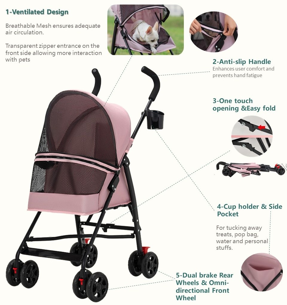 Low MOQ Foldable Small Pet Stroller for Cats and Dogs Lightweight Dog Stroller Portable Travel Pet Trolley