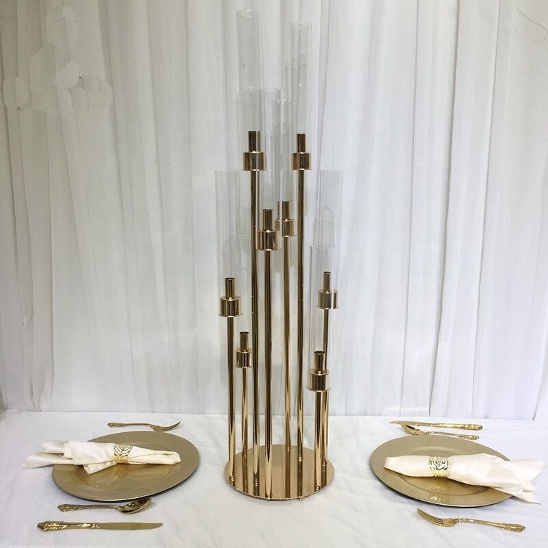 8 Heads Metal Glass Round Base  Wedding Table Centerpiece Gold Candelabra  Flower Stand Candle Holder