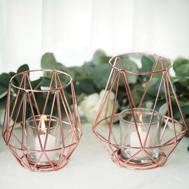 Metallic Gold & Black  Wholesale Geometric Candle Holders with Amber Glass Votives