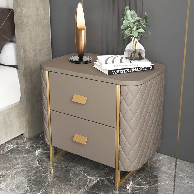 Modern Country stainless steel leather cover Night Stand with Storage Drawers Wood Veneer Nightstand Bedside Table