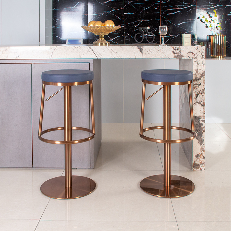 Modern minimalist bar stool high chair metal stainless steel rose gold frame leather soft cushion adjust height chair