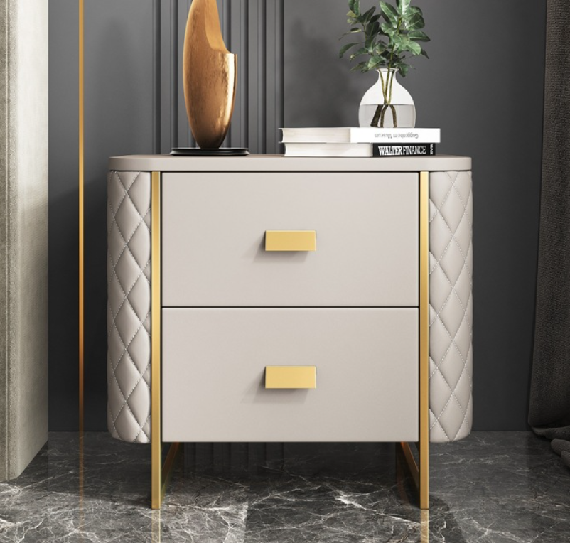 Modern Country stainless steel leather cover Night Stand with Storage Drawers Wood Veneer Nightstand Bedside Table