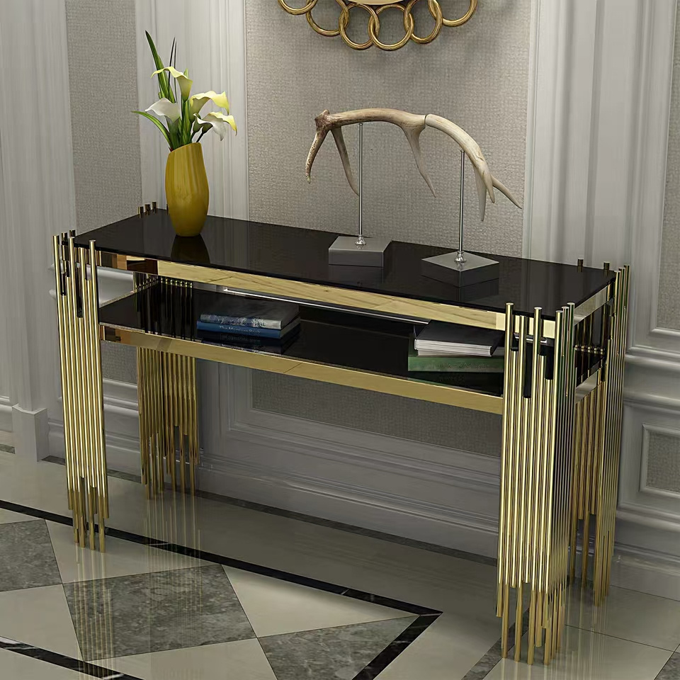 Home furniture living room rectangle side tables gold legs marble top entryway table marble glass console table with mirror