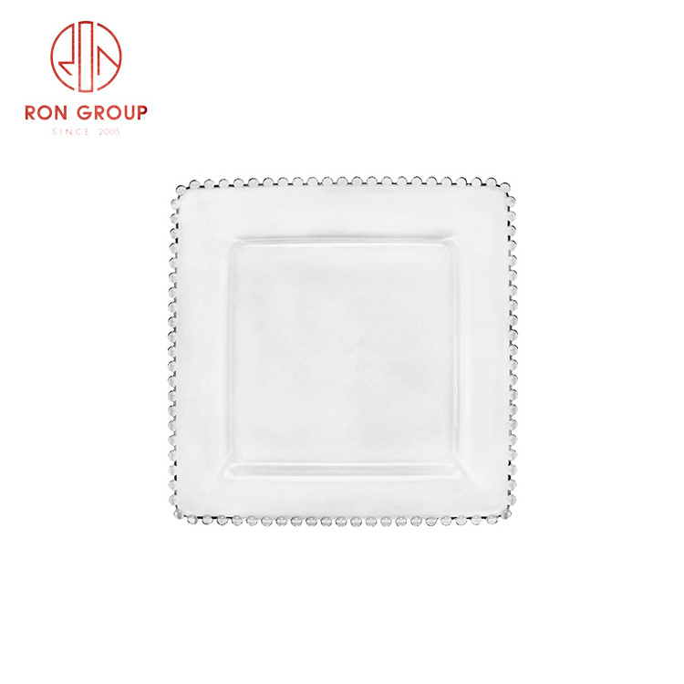 Wedding Banquet Event Clear Crystal Gold Silver Beaded Decoration Plates Transparent Glass Square Charger Plate