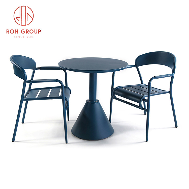 hot selling outdoor furniture coffee shop restaurant use classic round aluminum blue table metal round dining table