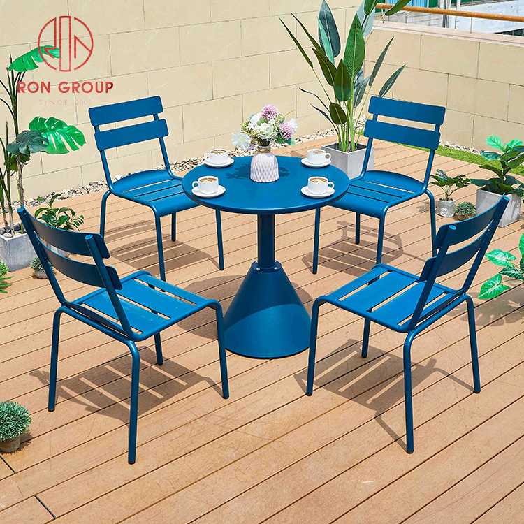 hot selling outdoor furniture coffee shop restaurant use classic round aluminum blue table metal round dining table