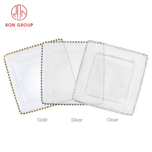 Wedding Banquet Event Clear Crystal Gold Silver Beaded Decoration Plates Transparent Glass Square Charger Plate