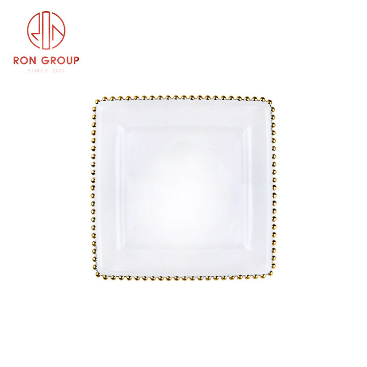 Wedding Banquet Event Clear Crystal Gold Silver Beaded Decoration Plates Transparent Glass Square Charger Plate