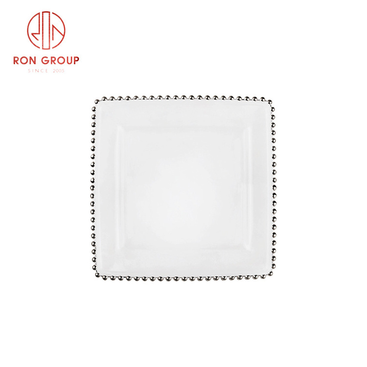 Wedding Banquet Event Clear Crystal Gold Silver Beaded Decoration Plates Transparent Glass Square Charger Plate