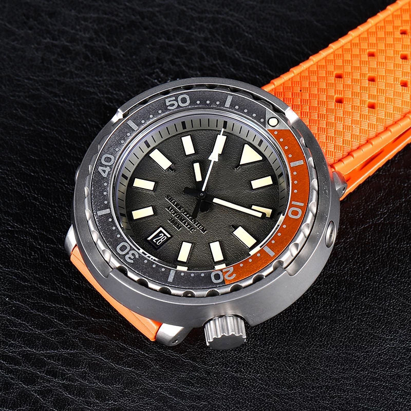 Titanium Case 44MM Grey Dial Retro Luminous NH35A Automatic Mechanical Sapphire Ceramic Bezel 200BarWaterproof Rubber Watch