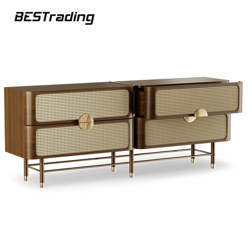 Modern luxury kitchen sideboard living room wooden rattan storage 4-drawer cabinet for home use