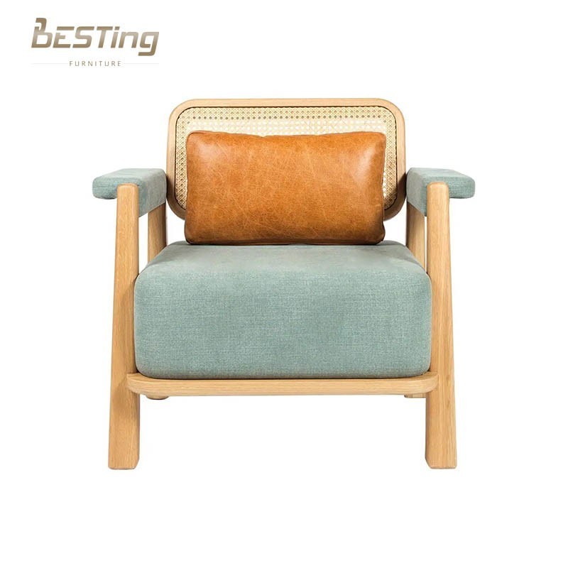 Contemporary Design Oak Accent Chair with Low Velvet Armrests Wicker Back Adjustable Tufted Seats for School Use