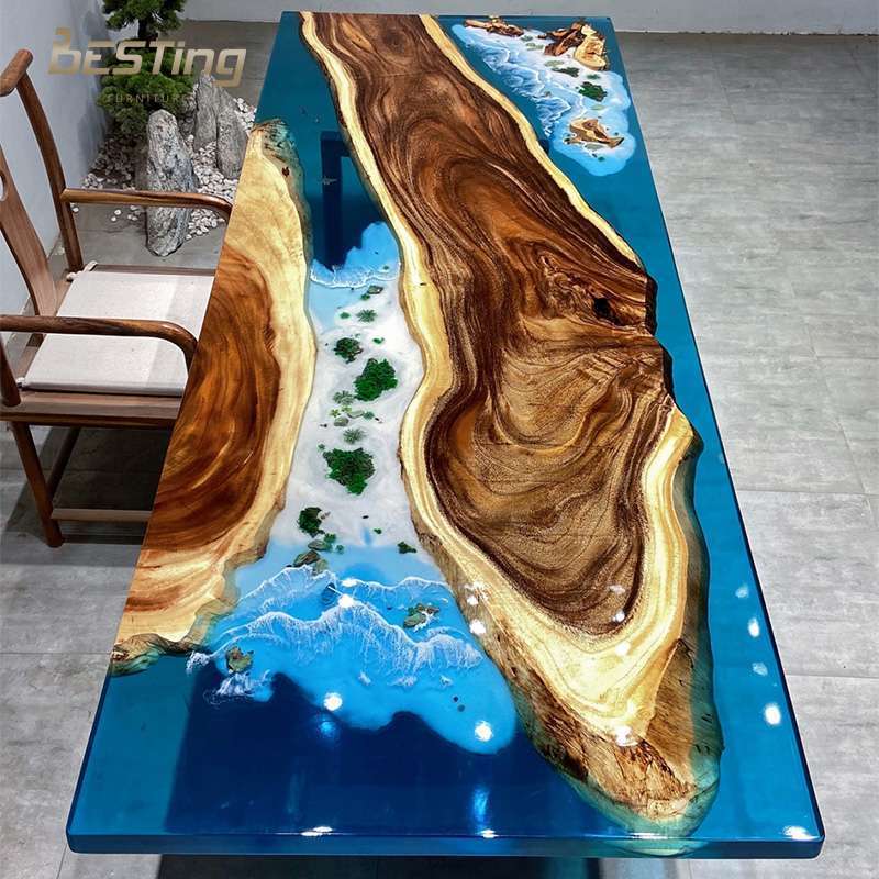 Modern luxury custom solid wood with river epoxy resin top square/round dining table