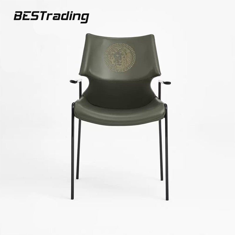 Modern luxury new design dark green saddle leather lion head print comfortable designer dining chair